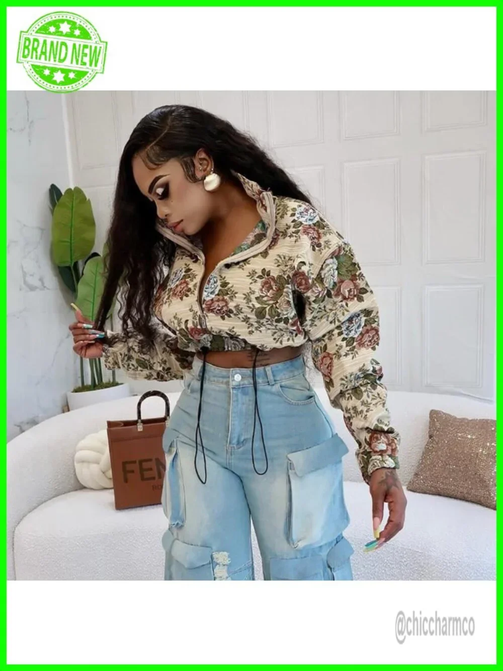 Cropped Bomber Jacket Women Floral Print Long Sleeve Zip Quilted Vintage